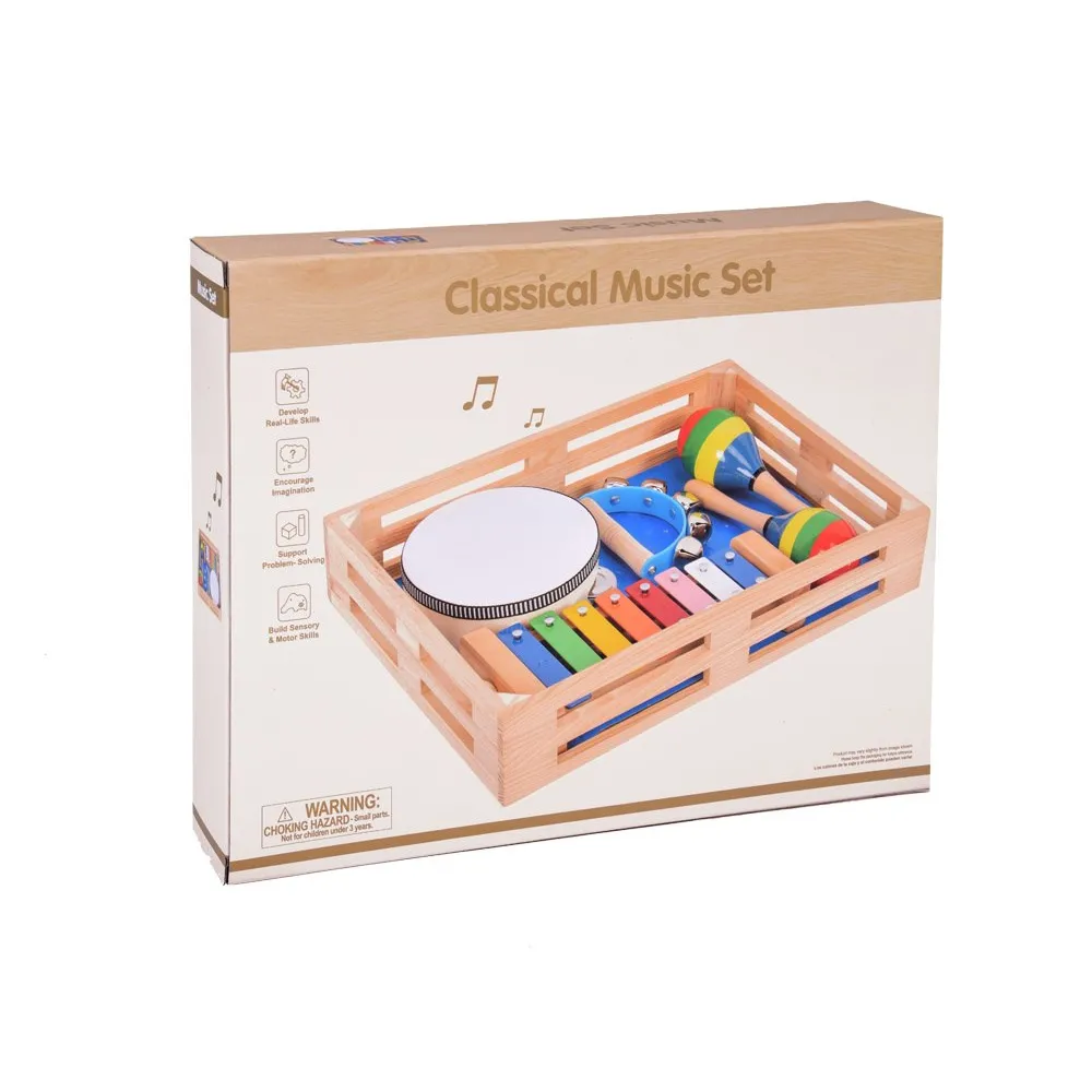 drewniany zestaw instrumentów muzycznych 4w1 prezentowany w aranżacji zabawkowej