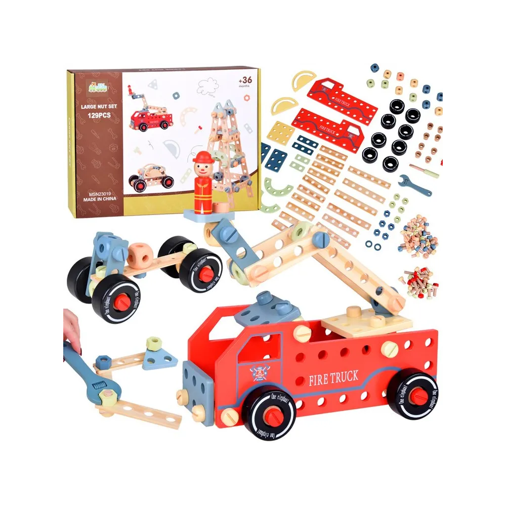 drewniany zestaw konstrukcyjny klocki z widocznymi elementami i detalami