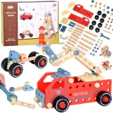 drewniany zestaw konstrukcyjny klocki z widocznymi elementami i detalami