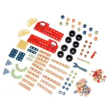 zbliżenie na kolorowe śruby oraz kółka zestawu konstrukcyjnego dla dzieci