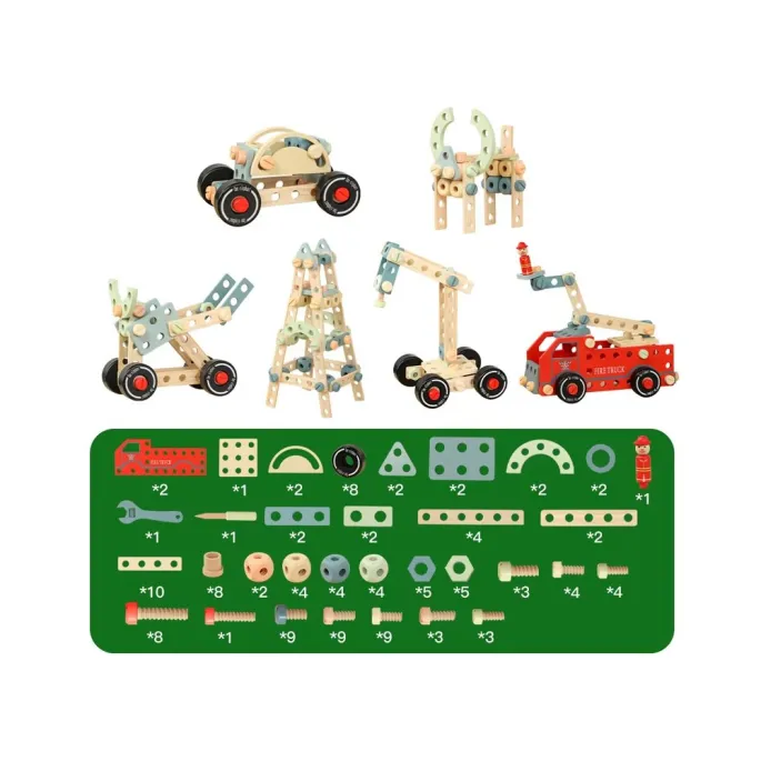 listewki z otworami oraz inne części zestawu rozłożone na stole