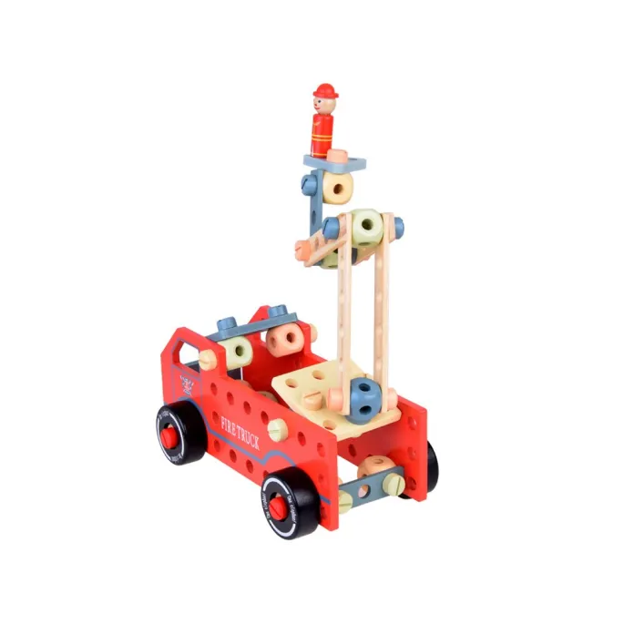 różnorodne części zestawu konstrukcyjnego rozłożone na białym tle