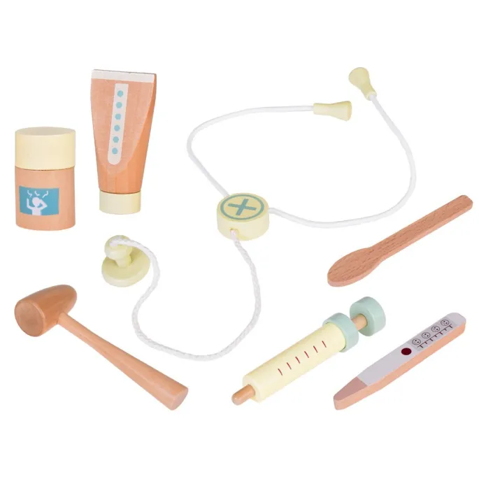 zbliżenie na drewniany stetoskop z pastelowymi słuchawkami