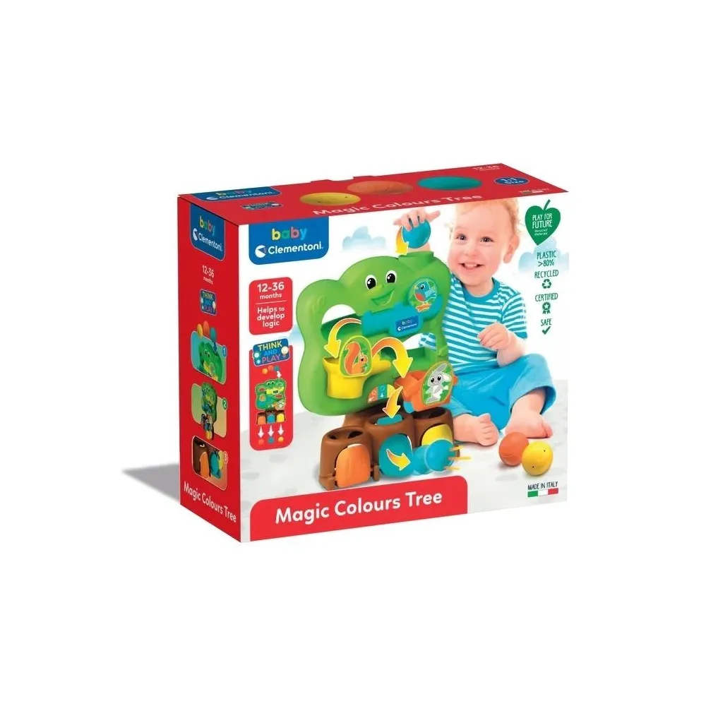 Drewniane drzewko z kolorowymi kulkami podczas zabawy logicznej