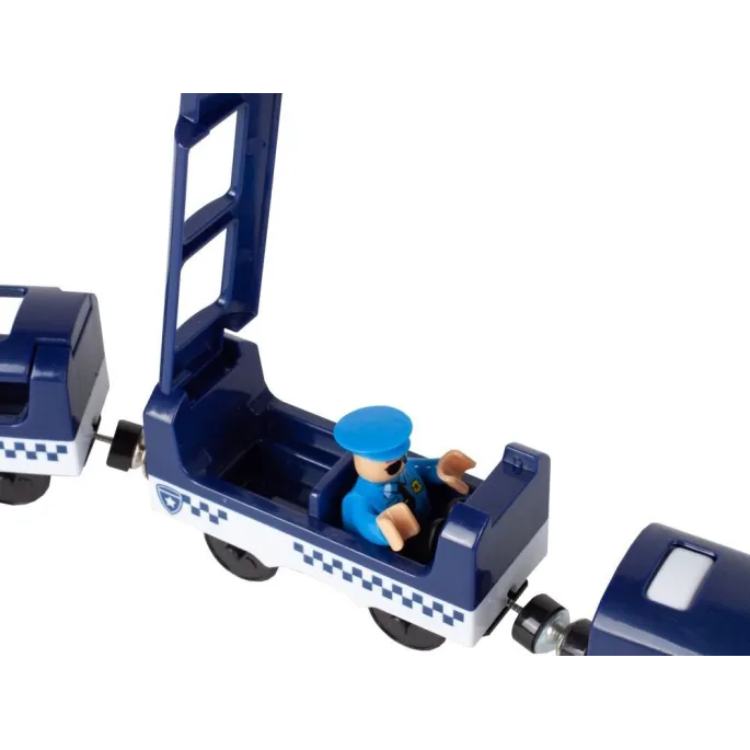 figurka policjanta stojąca obok pociągu policyjnego