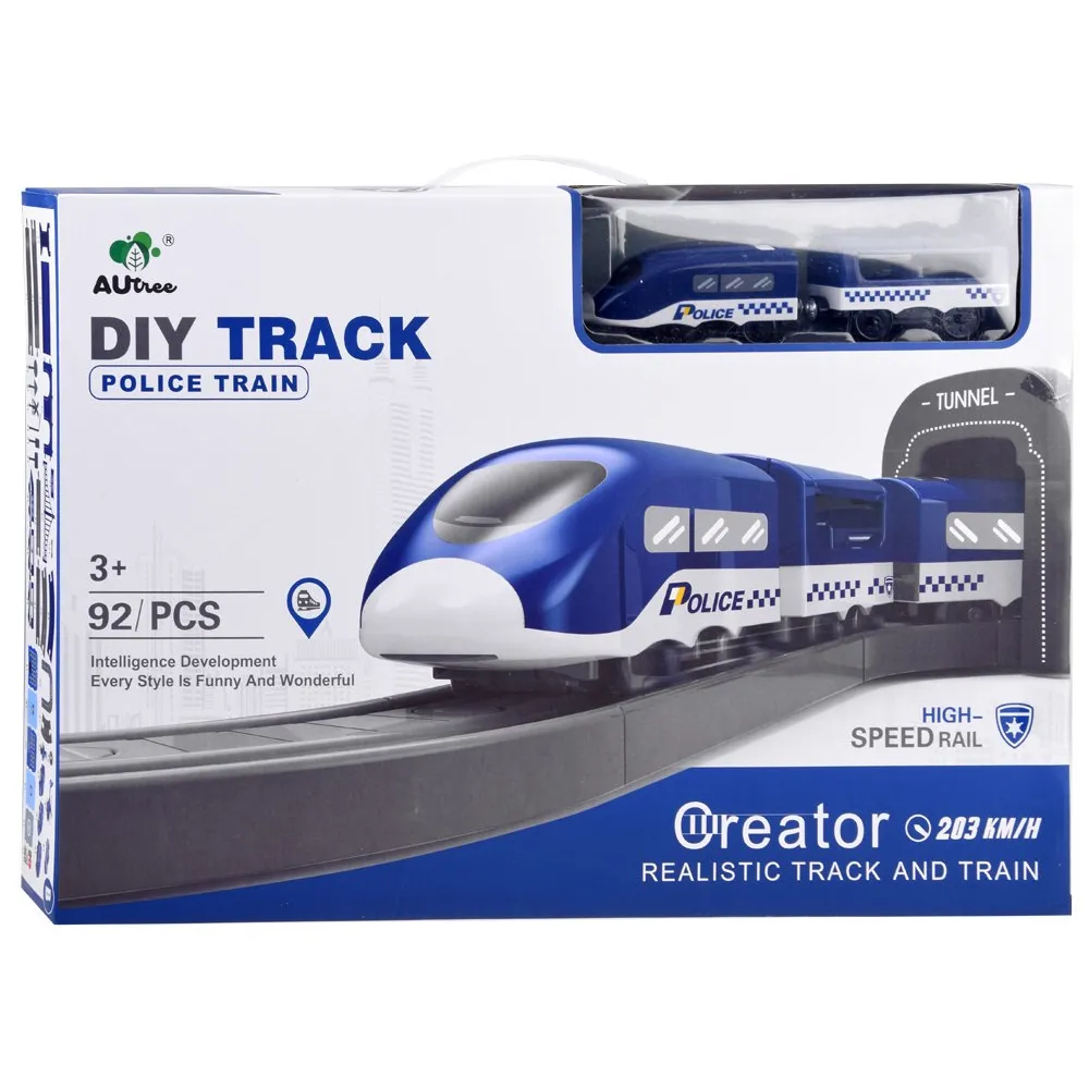 układ torowisk z różnymi pojazdami policyjnymi na trasie