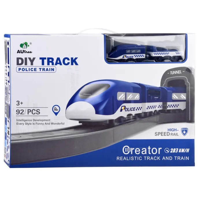 układ torowisk z różnymi pojazdami policyjnymi na trasie