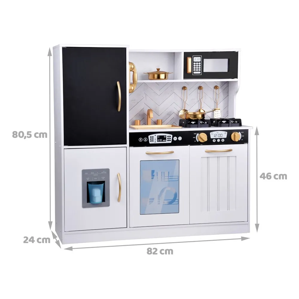 zbliżenie na lodówkę kuchni drewnianej z widoczną kostkarką