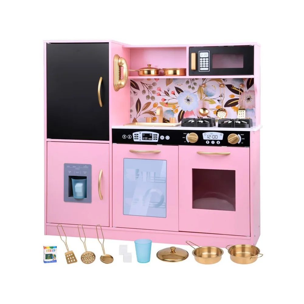 drewniana kuchnia retro z różowymi i złotymi detalami