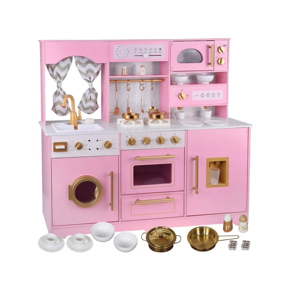 Duża drewniana kuchnia z różowo-złotymi detalami widok z przodu