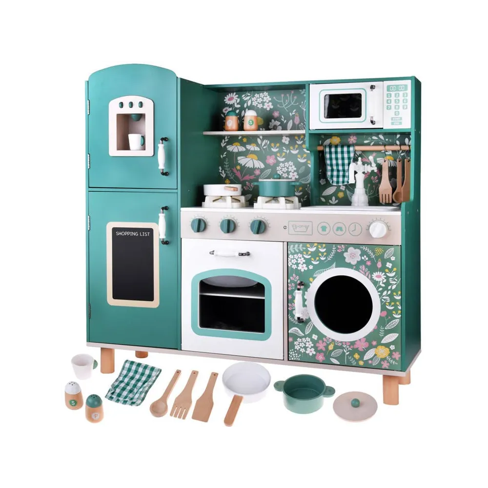 drewniana kuchnia retro vintage z zielonym dekorem i akcesoriami