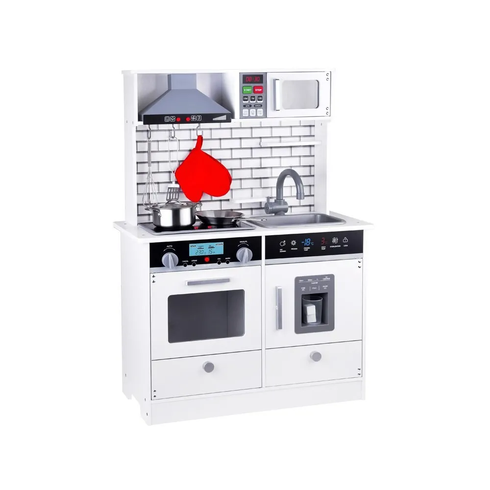 zestaw kuchenny z jasnymi barwami i dekoracyjnymi cegiełkami