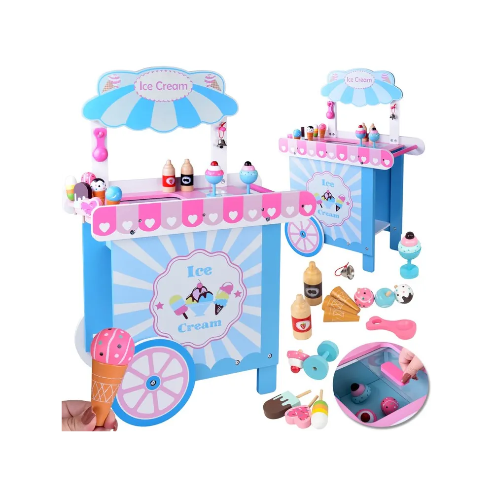 Duża drewniana budka z pastelowymi lodami i akcesoriami