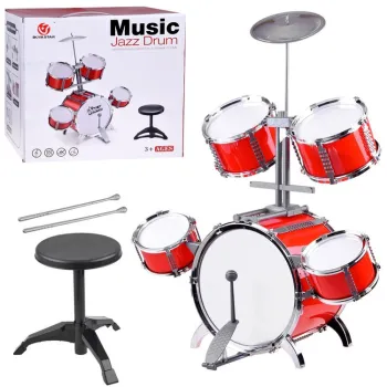 Duża perkusja dziecięca z pięcioma bębnami i talerzem na tle jasnego pokoju