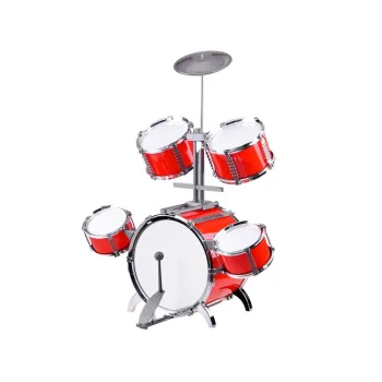 Kolorowa perkusja dziecięca z czerwonymi akcentami i szarymi detalami