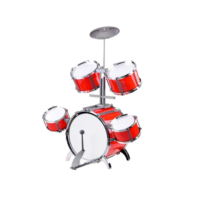 Kolorowa perkusja dziecięca z czerwonymi akcentami i szarymi detalami