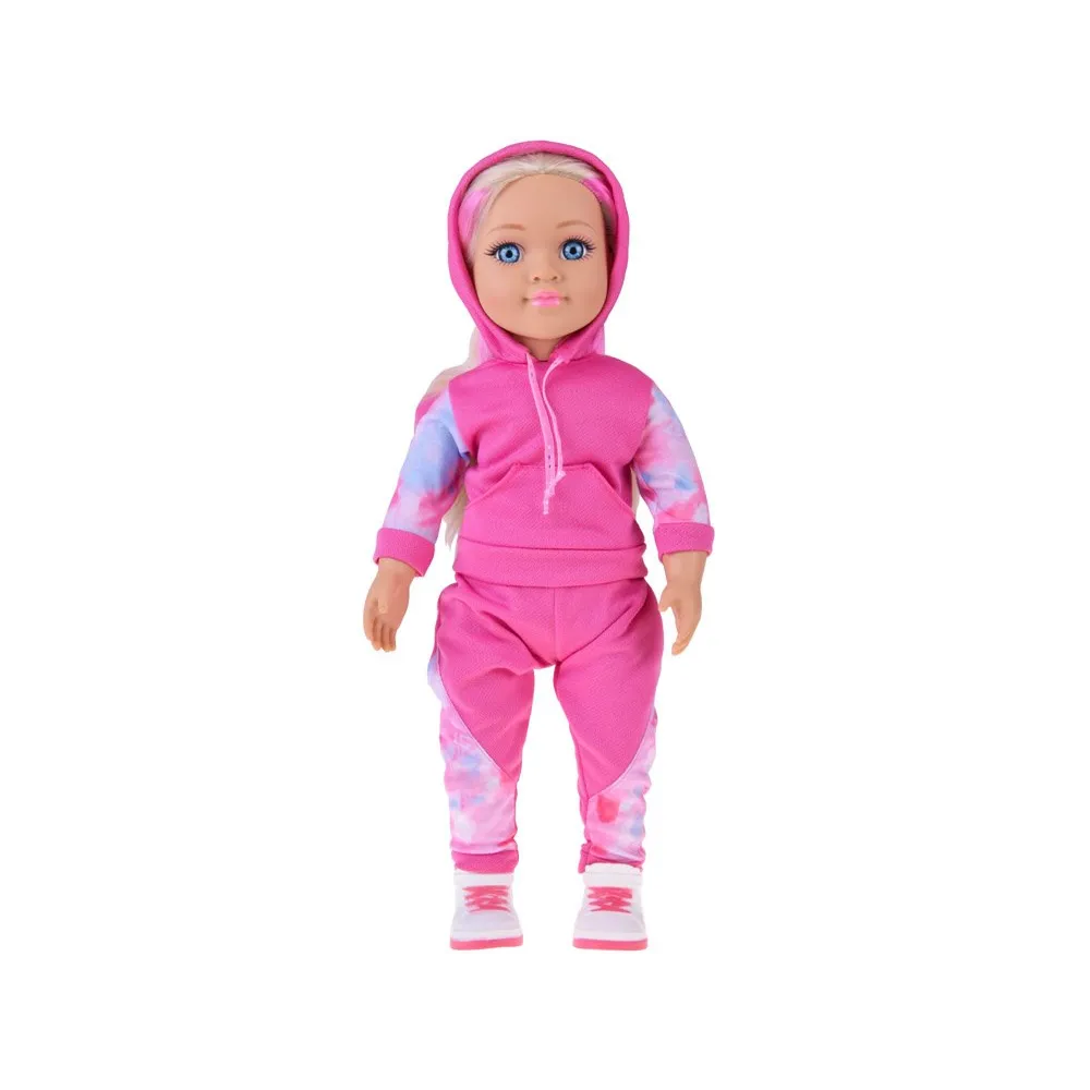 długie blond włosy lalki z różowymi pasemkami ukazane w zbliżeniu