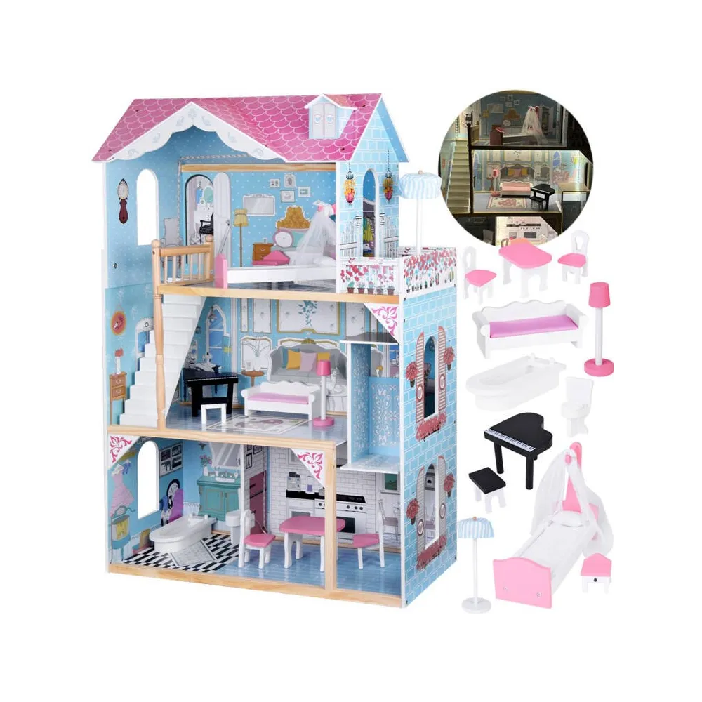 drewniany domek dla lalek z pastelowymi mebelkami na tle jasnego pokoju