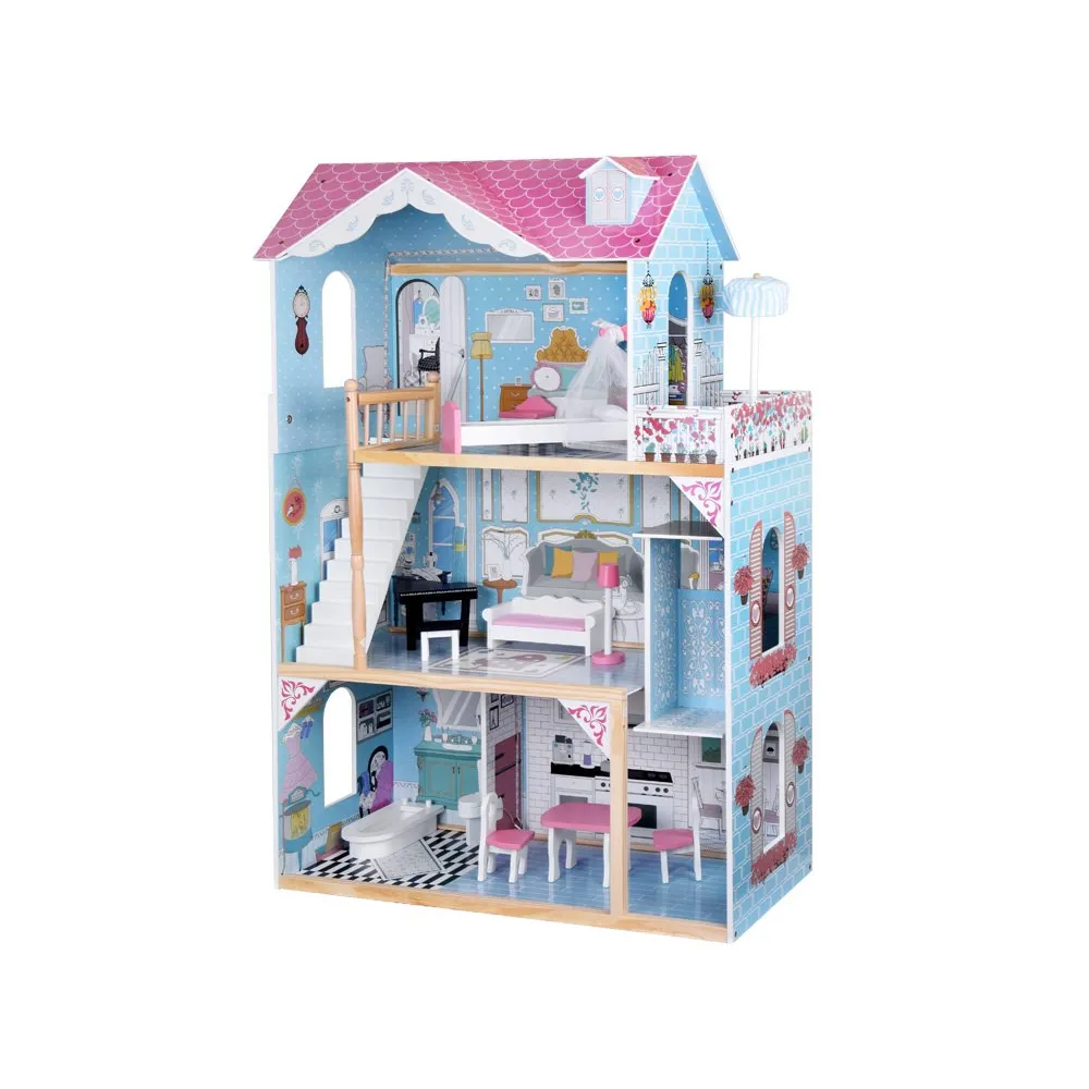 zbliżenie na pastelowe wyposażenie wnętrza dużego domku dla lalek