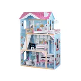 zbliżenie na pastelowe wyposażenie wnętrza dużego domku dla lalek