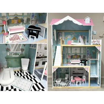 wnętrze domku dla lalek z ustawionymi drewnianymi meblami