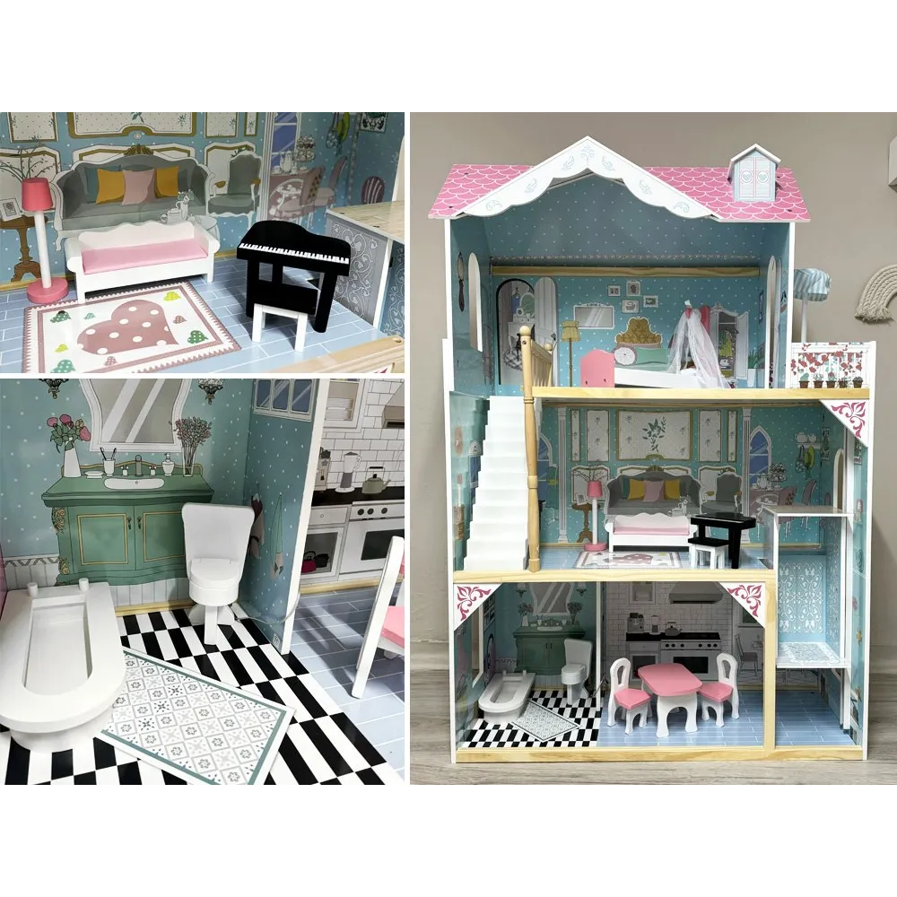 wnętrze domku dla lalek z ustawionymi drewnianymi meblami