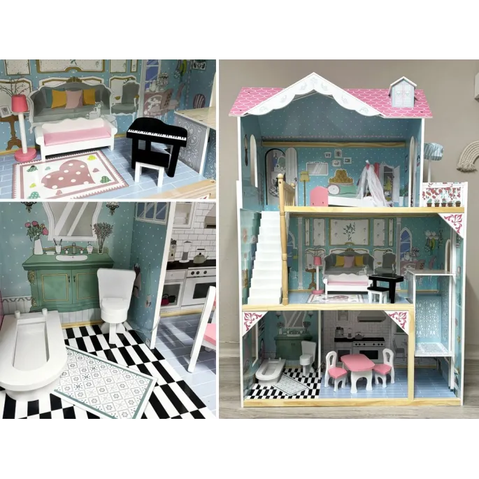 wnętrze domku dla lalek z ustawionymi drewnianymi meblami