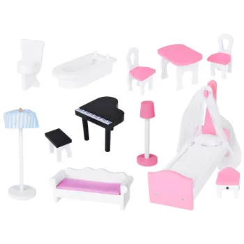 pokój dzienny domku z kanapą i fortepianem w pastelowych barwach