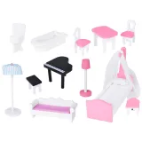 pokój dzienny domku z kanapą i fortepianem w pastelowych barwach