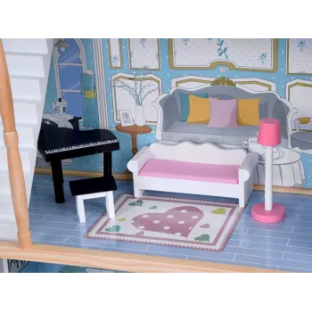 domek dla lalek z włączonym oświetleniem ledowym w środku