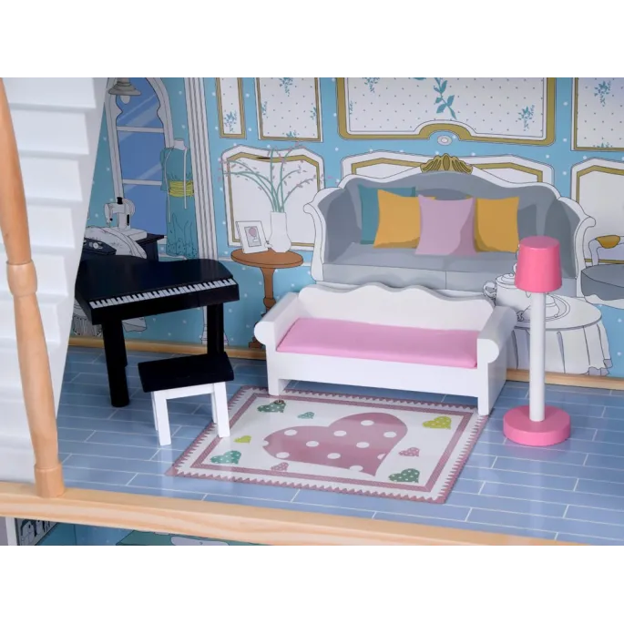 domek dla lalek z włączonym oświetleniem ledowym w środku