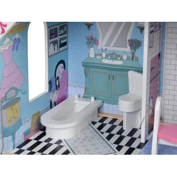 aranżacja łazienki i kuchni w drewnianym domku dla lalek