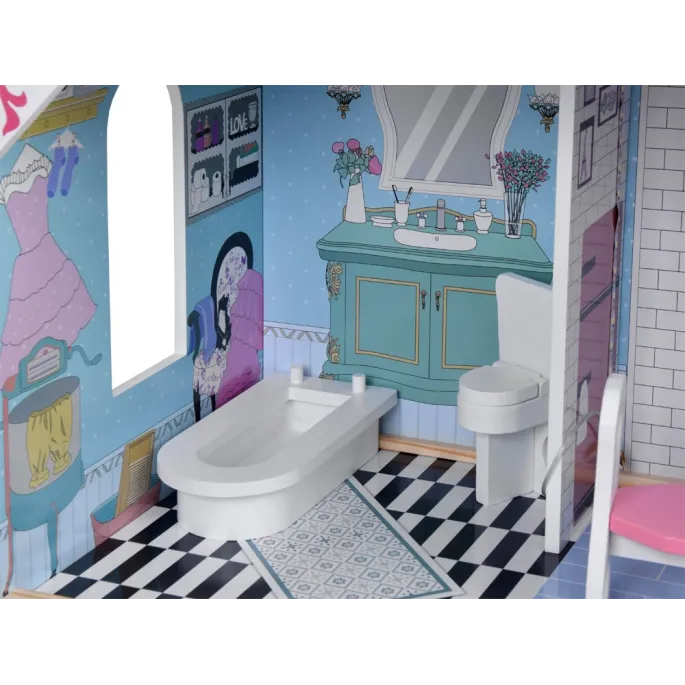 aranżacja łazienki i kuchni w drewnianym domku dla lalek