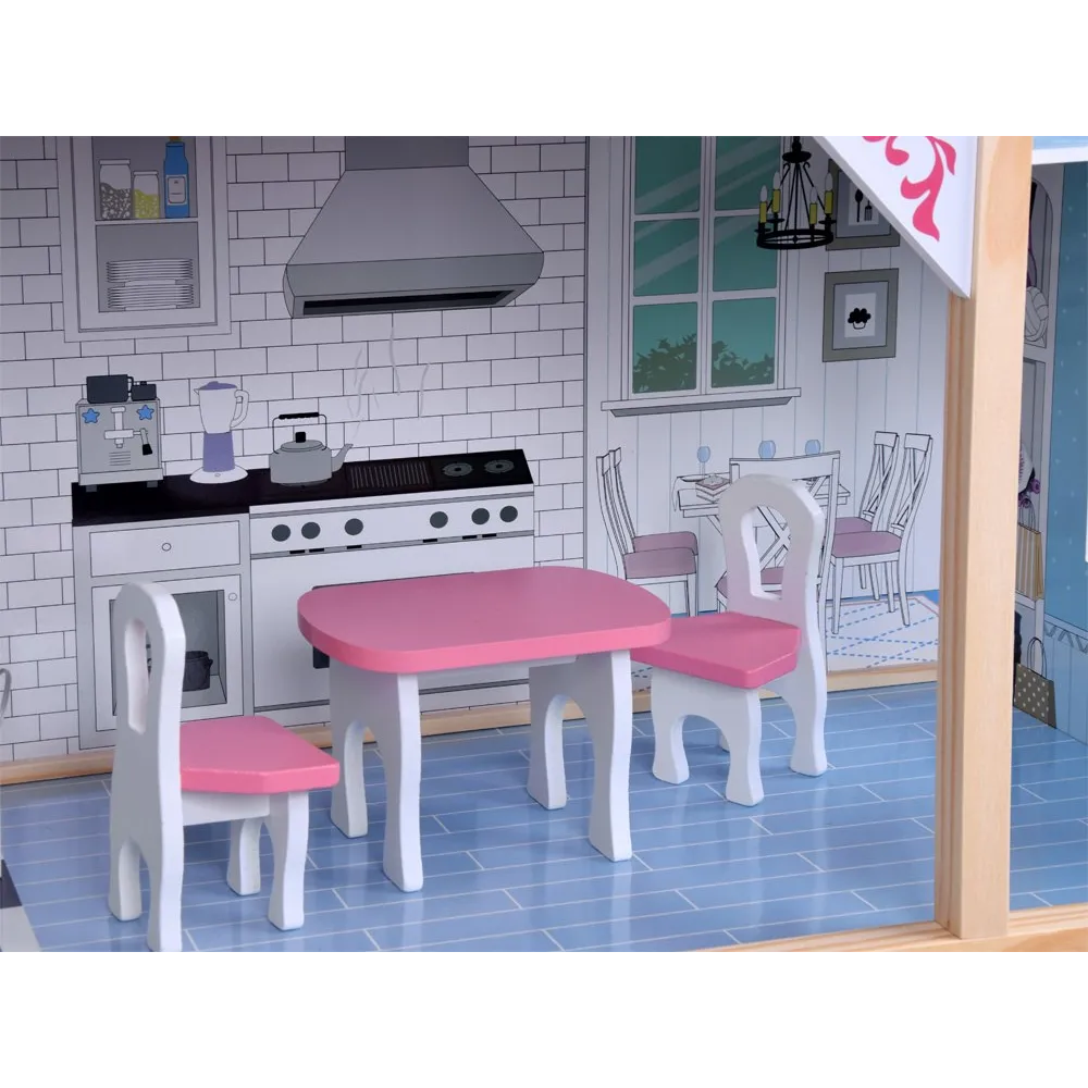 detal schodów i lampy stojącej w pastelowym domku dla lalek