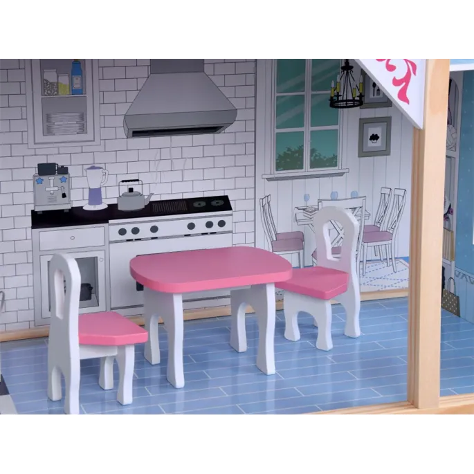 detal schodów i lampy stojącej w pastelowym domku dla lalek