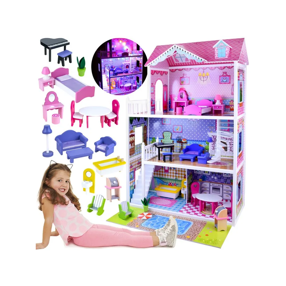 otrzymany zestaw dużego drewnianego domku dla lalek z wyposażeniem