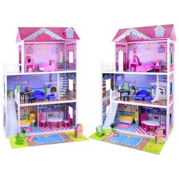 DUŻY Drewniany domek dla LALEK meble basen oświetlenie LED ZA2122