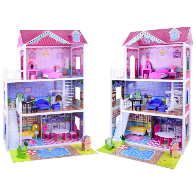 widok drewnianego domku dla lalek z trzema piętrami