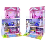 widok drewnianego domku dla lalek z trzema piętrami