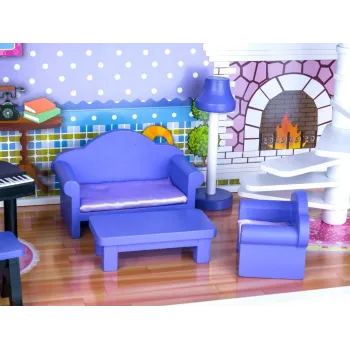 pokój dzienny z kompletem mebli i schodami w domku dla lalek