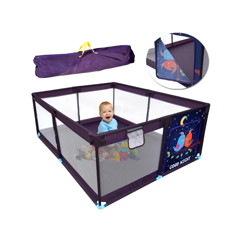 duży fioletowy kojec dla dziecka 160x200 cm z motywem ptaszków