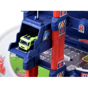 dwa metalowe samochodziki na trasie parkingu