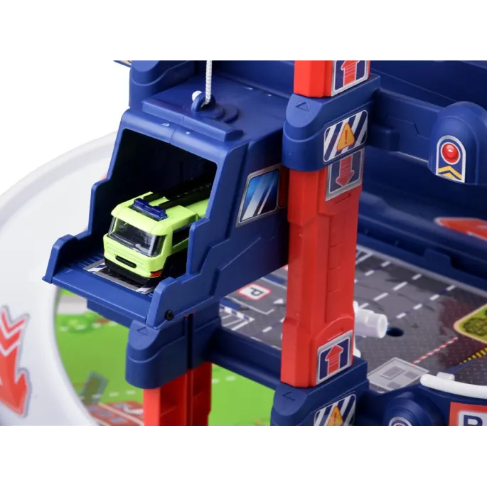 dwa metalowe samochodziki na trasie parkingu