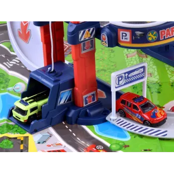 dziecięcy garaż do zabawy z trasami, samochodami i helikopterem