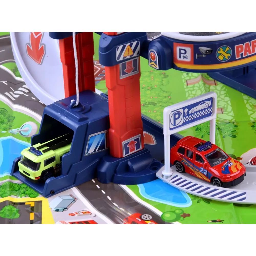 dziecięcy garaż do zabawy z trasami, samochodami i helikopterem