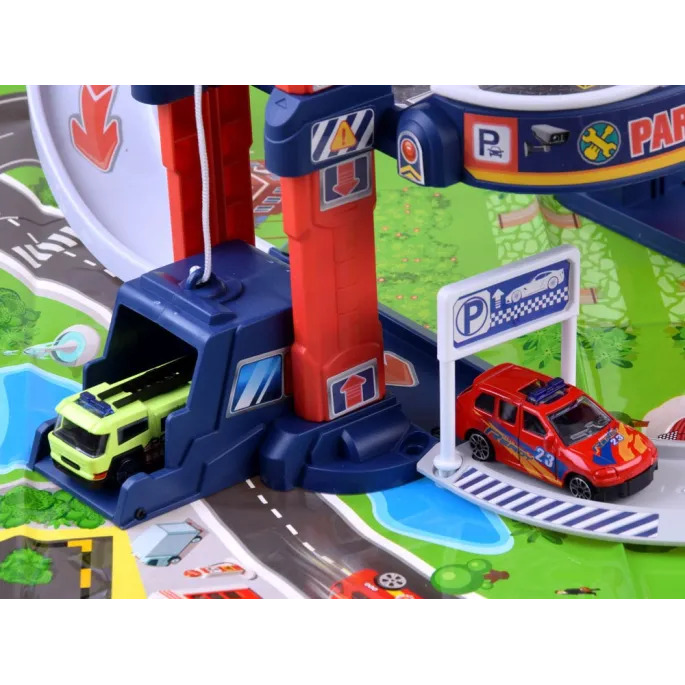 dziecięcy garaż do zabawy z trasami, samochodami i helikopterem