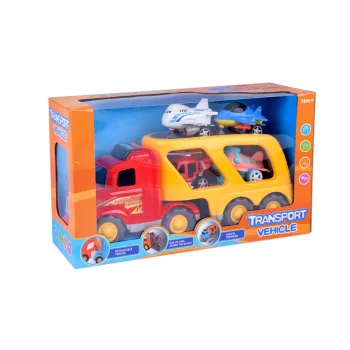 Zabawkowy pojazd transportowy w otoczeniu plastikowych samolotów