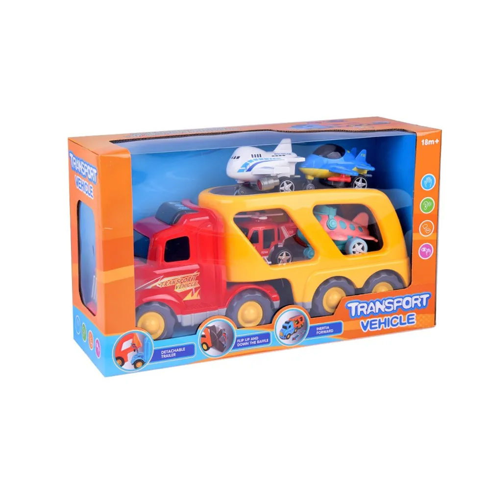 Zabawkowy pojazd transportowy w otoczeniu plastikowych samolotów