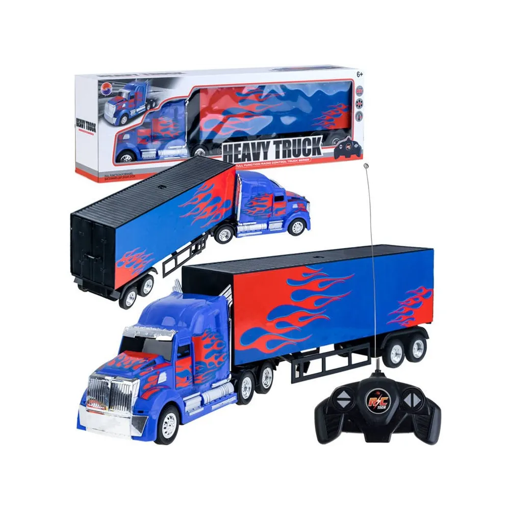 duży tir rc z naczepą w kolorystyce granatowo-czerwonej z motywem płomieni