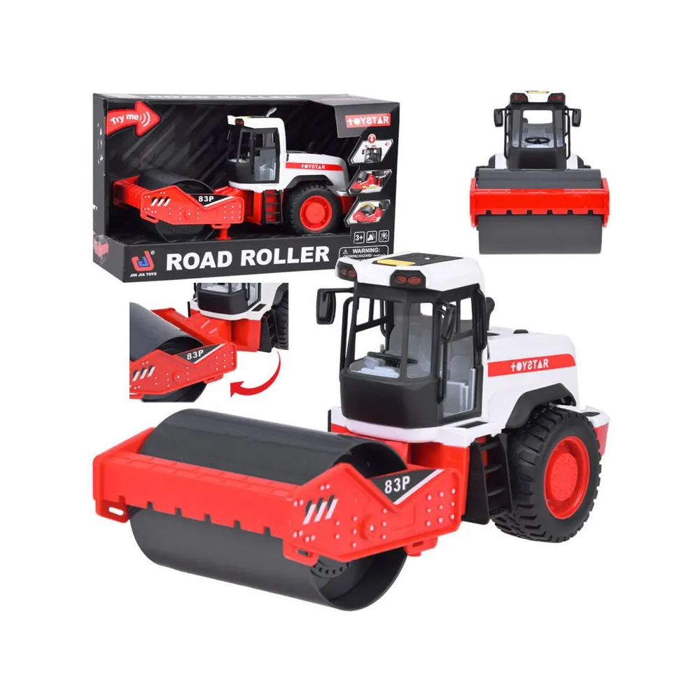 duży walec drogowy zabawka widok z przodu na biało-czerwonym tle